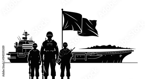 Military Soldiers Standing Guard with Aircraft Carrier and Warship Silhouette