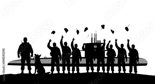 Military Submarine Crew Celebrates with Dog, Throwing Hats in Air