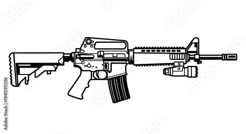 Modern Assault Rifle with Tactical Accessories, Black and White Line Art