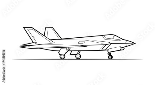 Modern Fighter Jet Outline Drawing, Side View, Military Aircraft Vector Illustration
