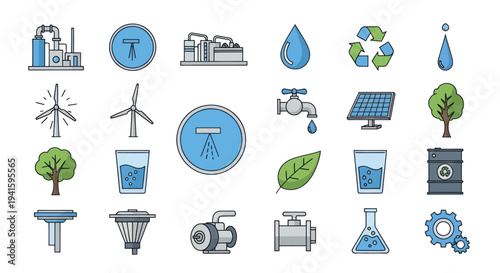 A collection of colorful and line art icons representing water resources renewable energy and environmental conservation.