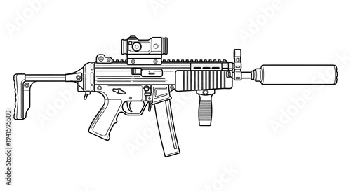 Modern Submachine Gun with Suppressor and Red Dot Sight - Line Art Illustration