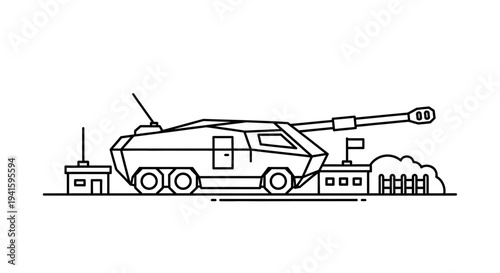 Modern Military Tank Illustration - Futuristic Armored Vehicle Line Art