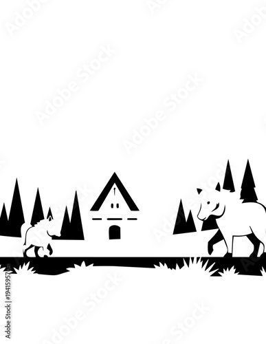 Black and white illustration of elephants near a house in the forest.