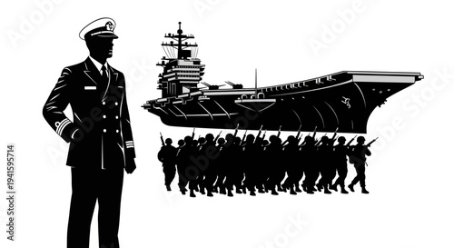 Naval Officer Overseeing Military Parade with Aircraft Carrier and Soldiers