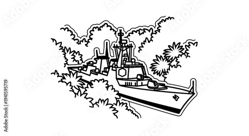 Naval Ship Silhouette in Tropical Foliage - Military Vessel Illustration