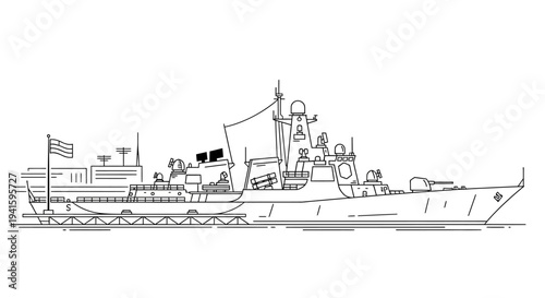 Naval Destroyer Ship with Submarine Transport Barge Illustration