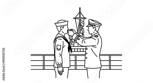 Navy Officer Awards Medal to Sailor on Ship Deck in Formal Ceremony