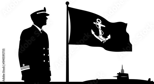 Navy Officer Salutes Flag with Anchor Symbol and Submarine Silhouette