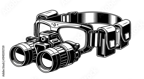 Night Vision Goggles Headset with Strap and Pouches - Black and White Illustration