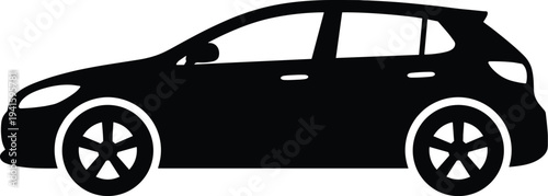 Minimal vector silhouette, hatchback car side view compact vehicle, solid black, isolated on white background