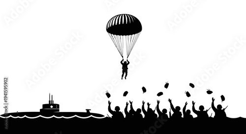 Parachutist Jumps From Submarine Onto Cheering Crowd Silhouette