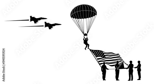 Paratrooper with American Flag Descends as Jets Fly By