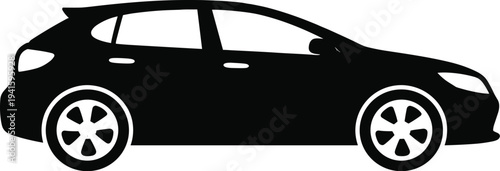 Minimal vector silhouette, hatchback car side view compact vehicle, solid black, isolated on white background