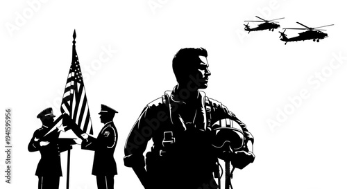Patriotic American Pilot and Helicopters Silhouette with US Flag