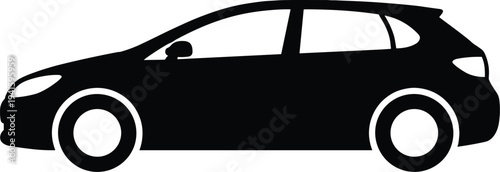 Minimal vector silhouette, hatchback car side view compact vehicle, solid black, isolated on white background