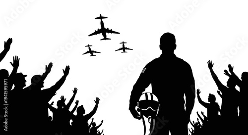 Pilot Silhouette with Crowd and Airplanes Flying Overhead