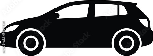 Minimal vector silhouette, hatchback car side view compact vehicle, solid black, isolated on white background