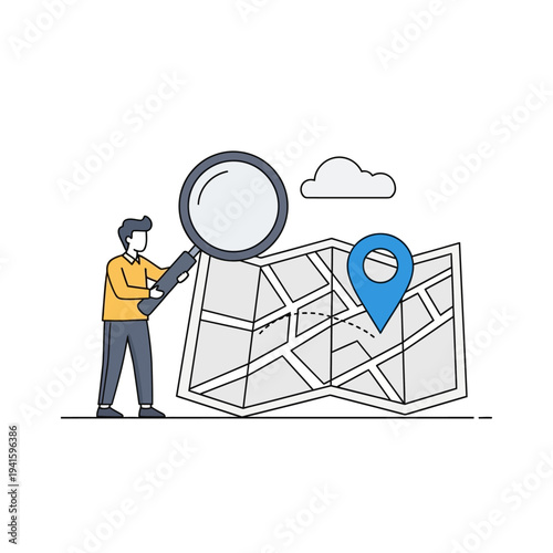Man Examining Map with Magnifying Glass.