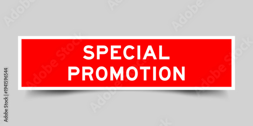 Red color square shape sticker label with word special promotion on gray background