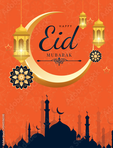 Eid Mubarak premium decorative background | Eid Mubarak festival colorful greeting card design template | Islamic background with ornament lamp, moon, star, floral design