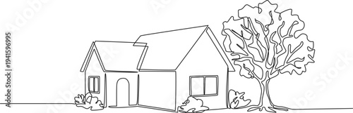 continuous line drawing of simple single family home, line art vector illustration