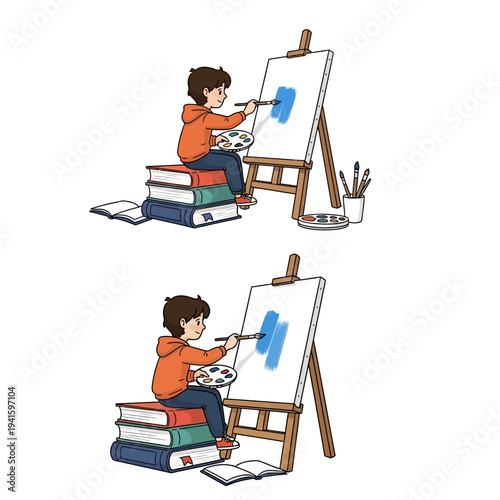 Boy Painting on Easel with Brush.