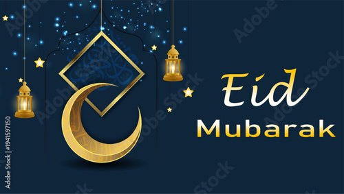 Eid Mubarak decorative islamic premium banner design | Eid Mubarak Festival colorful Greeting Background Design Template | Islamic background for social media post with ornament Oxford Navy background