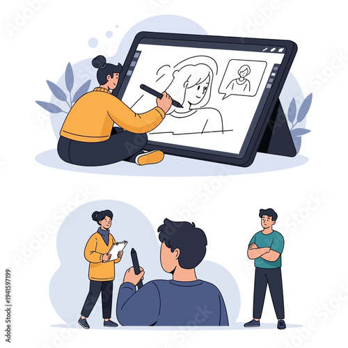 Illustrator Creating Cartoon Character on Tablet.