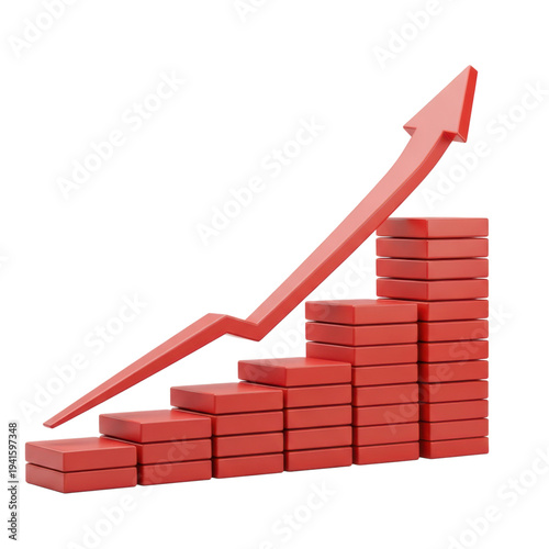 3D red rising arrow growing with stacked coins financial growth success isolated on transparent background