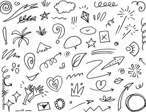 A collection of whimsical hand drawn doodles and symbols