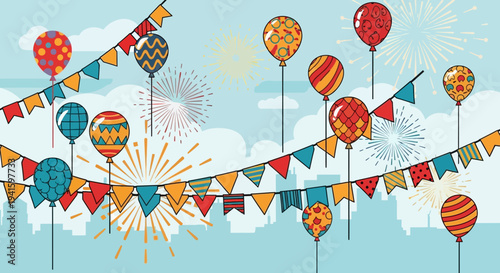 Colorful Balloons and Party Flags Celebration.