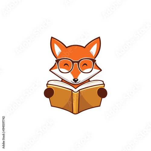 vector Cartoon Fox Wearing Glasses Reading Book