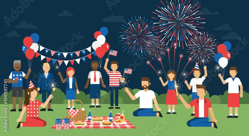 Children Celebrating Fourth of July with Fireworks.