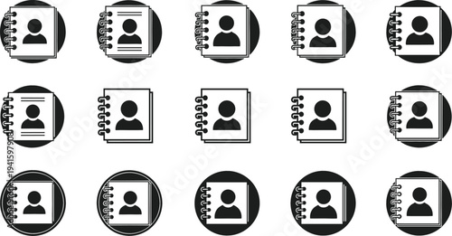 Contact Book and Address Notebook Icon Set with User Profile Symbols for Phone Directory, CRM Apps, Communication Lists, and Digital Contact Management