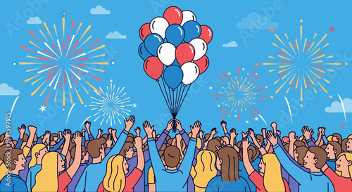 Crowd Celebrating with Balloons and Fireworks.