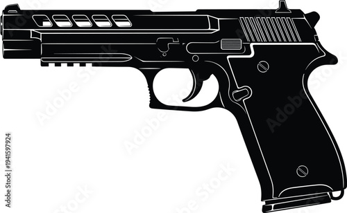black, pistol, silhouette, handgun, firearm, weapon, tactical, gun, isolated, security, defense, military, armament, sidearm, combat, protection, shooting, equipment, illustration, vector