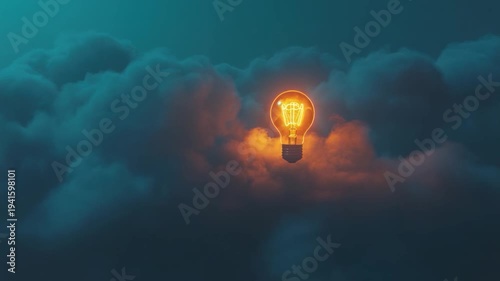 Glowing lightbulb floating amidst dark, moody clouds, conveying the concept of idea creation