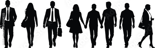Business people walking silhouettes set, professional men and women team moving forward, corporate workforce concept isolated on white