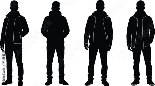 Male hoodie silhouettes collection, casual standing men figures set, urban streetwear fashion people isolated on white background, modern lifestyle concept