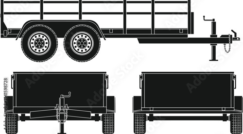 utility, trailer, silhouette, transport, cargo, vehicle, trailer, transport, equipment, hauling, industrial, transport, wheels, automotive, logistics, delivery, freight, isolated, illustration, vector