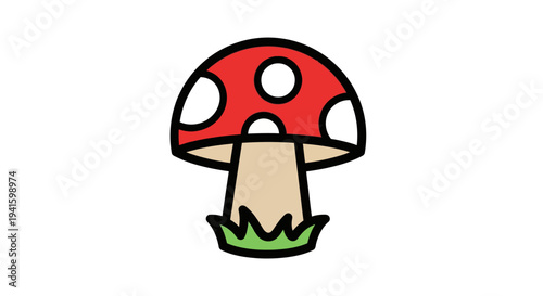 A simple cartoon illustration of a red mushroom with white spots.