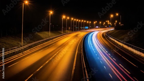 Long exposure shot of a curved highway at night, lit by orange streetlights, with light trails
