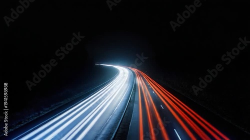 Long exposure shot of a road at night with glowing car light trails cutting through the darkness