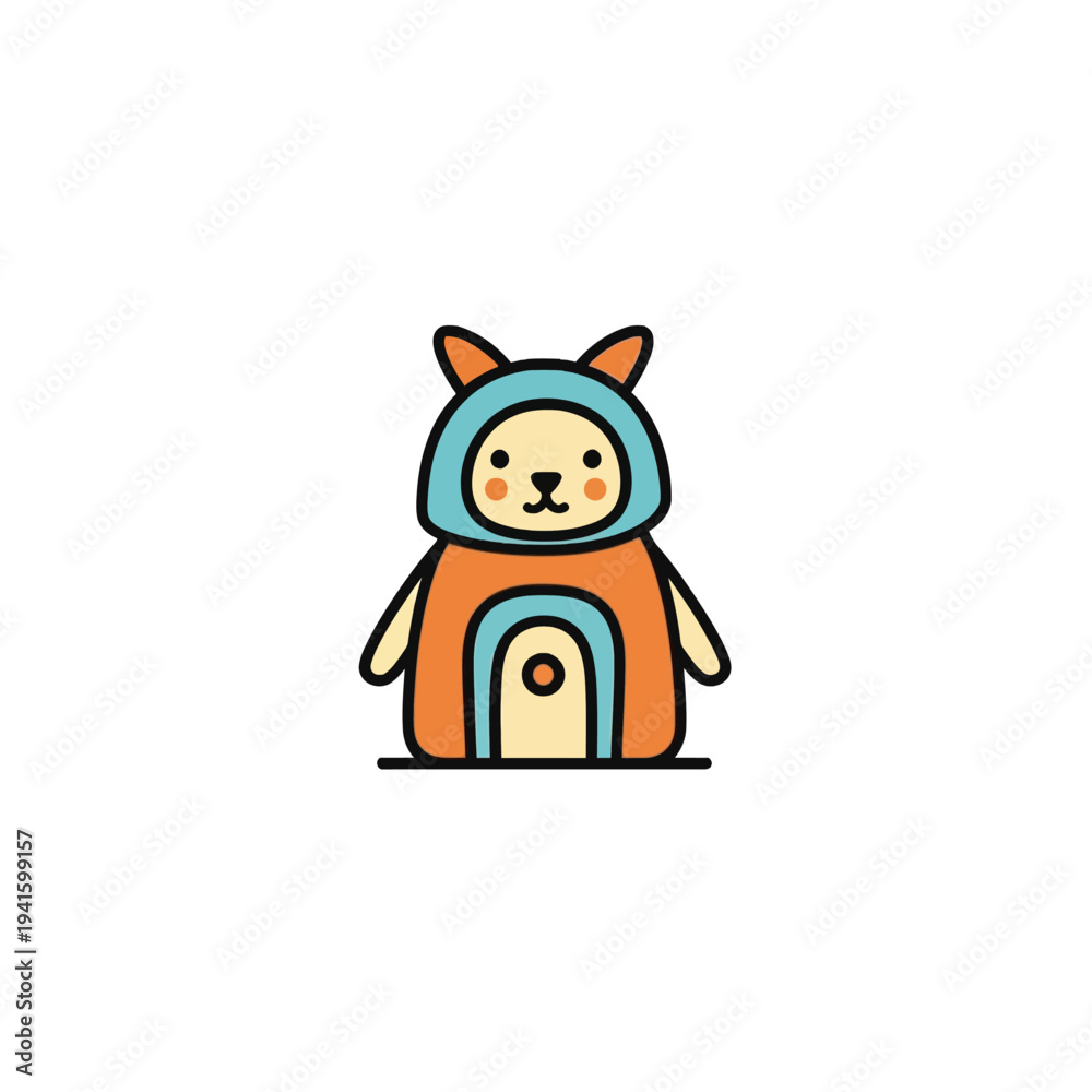 Naklejka premium Cute cartoon bear character with hood and door design.