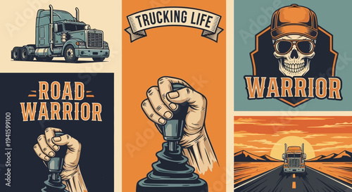 A collage of five trucking-themed graphic designs, featuring semi-trucks, hands on gear shifters, a skull with a cap, and a truck driving on a road at sunset.