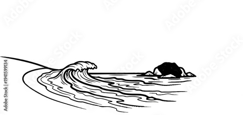 A stylized black and white drawing of a wave crashing near rocky shore