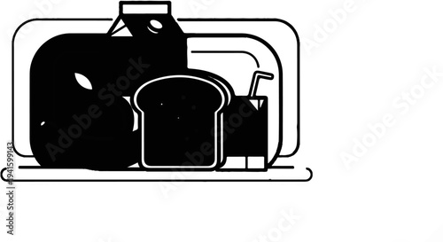 A stylized black and white depiction of a lunchbox with food items inside