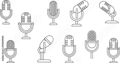 Microphone Icon Set for Audio Recording, Podcast Broadcasting, Voice Communication, Studio Equipment, Music Performance, and Media Production Interface Design