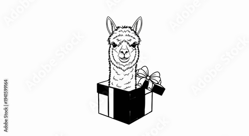 A stylized black and white drawing of an alpaca peeking out of a gift box